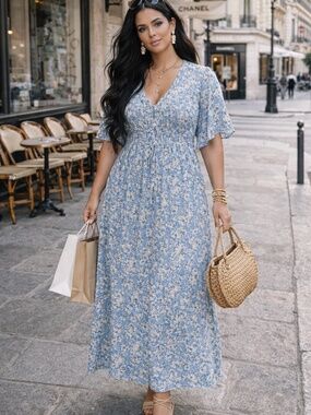 Emma & Michele Blue Floral Midi Dress XL Boho Cottagecore Spring Elastic Waist